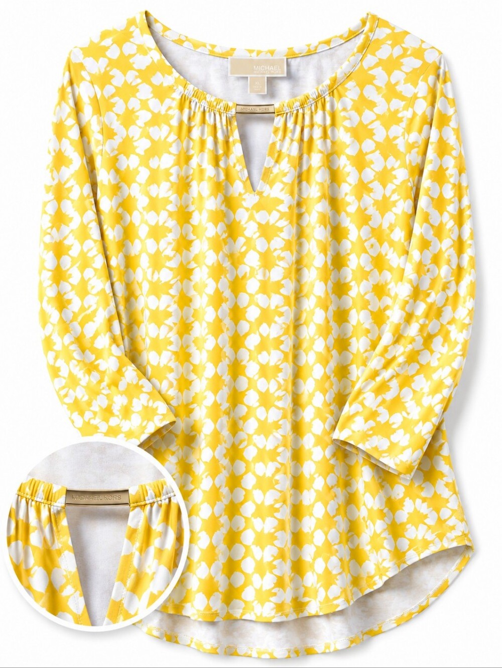 Michael Michael Kors Yellow White Keyhole Top Gold Bar XL 3/4 Sleeve Stretch